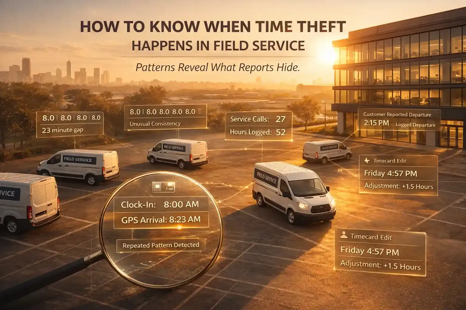 Sunrise parking lot showing field vans with time mismatch alerts